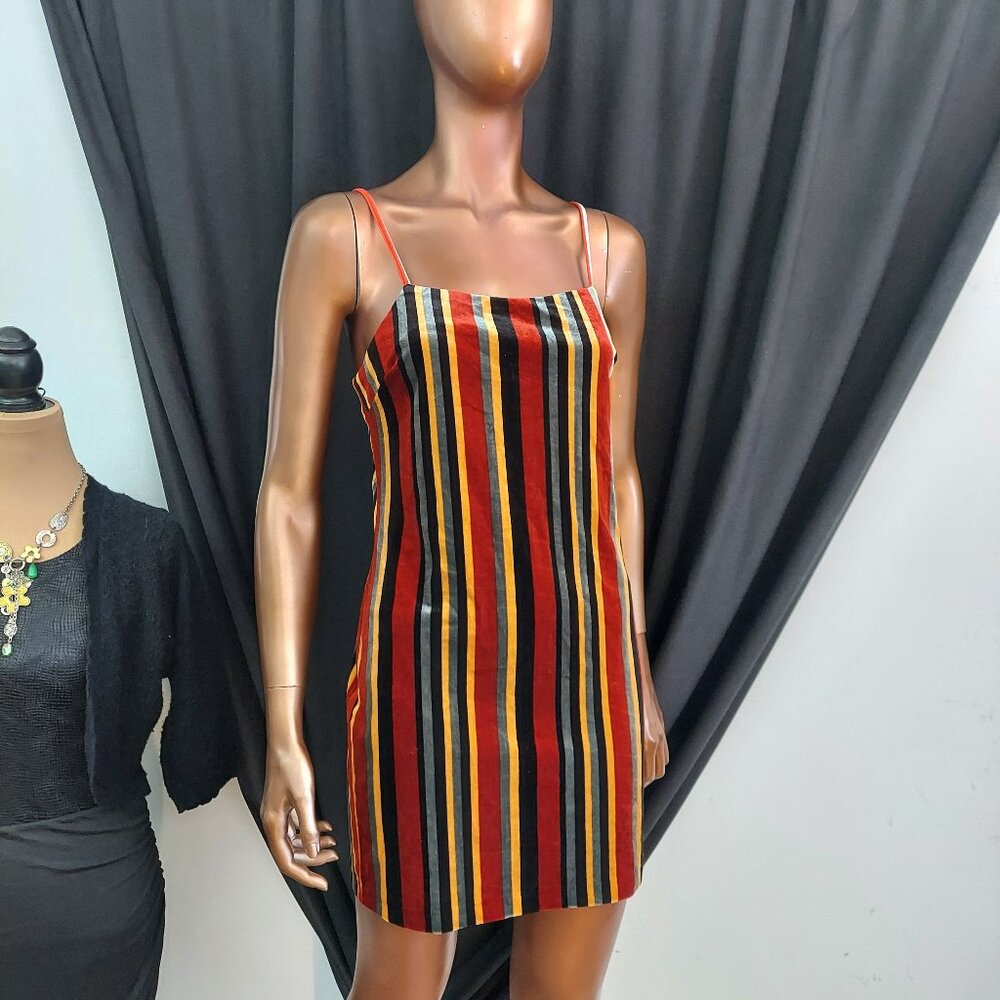 Striped Velour Minidress with Spaghetti Straps, sz M